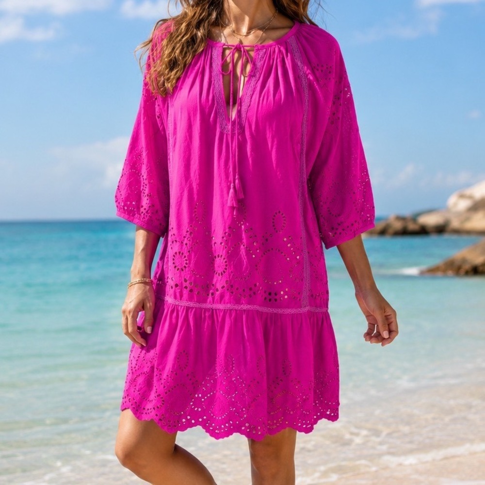 Melissa Odabash Ashley Eyelet Cotton Mini Dress Pink Boho Beach Coverup Large A6